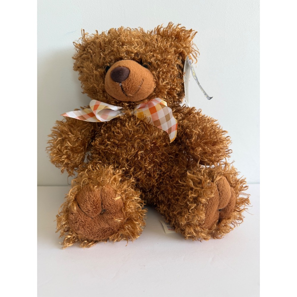 Kellytoy Brown Shaggy Curly Fur Teddy Bear Plush Plaid Bow Tie 10 inch